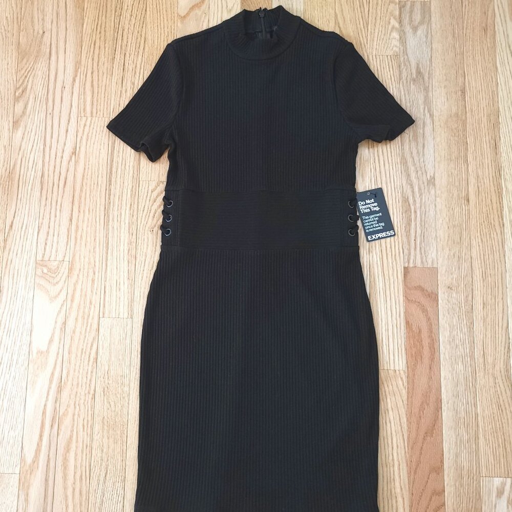 NWT Express Women Dress Ribbed Side Tie Mock Neck Bodycon Black Short Sleeve XS